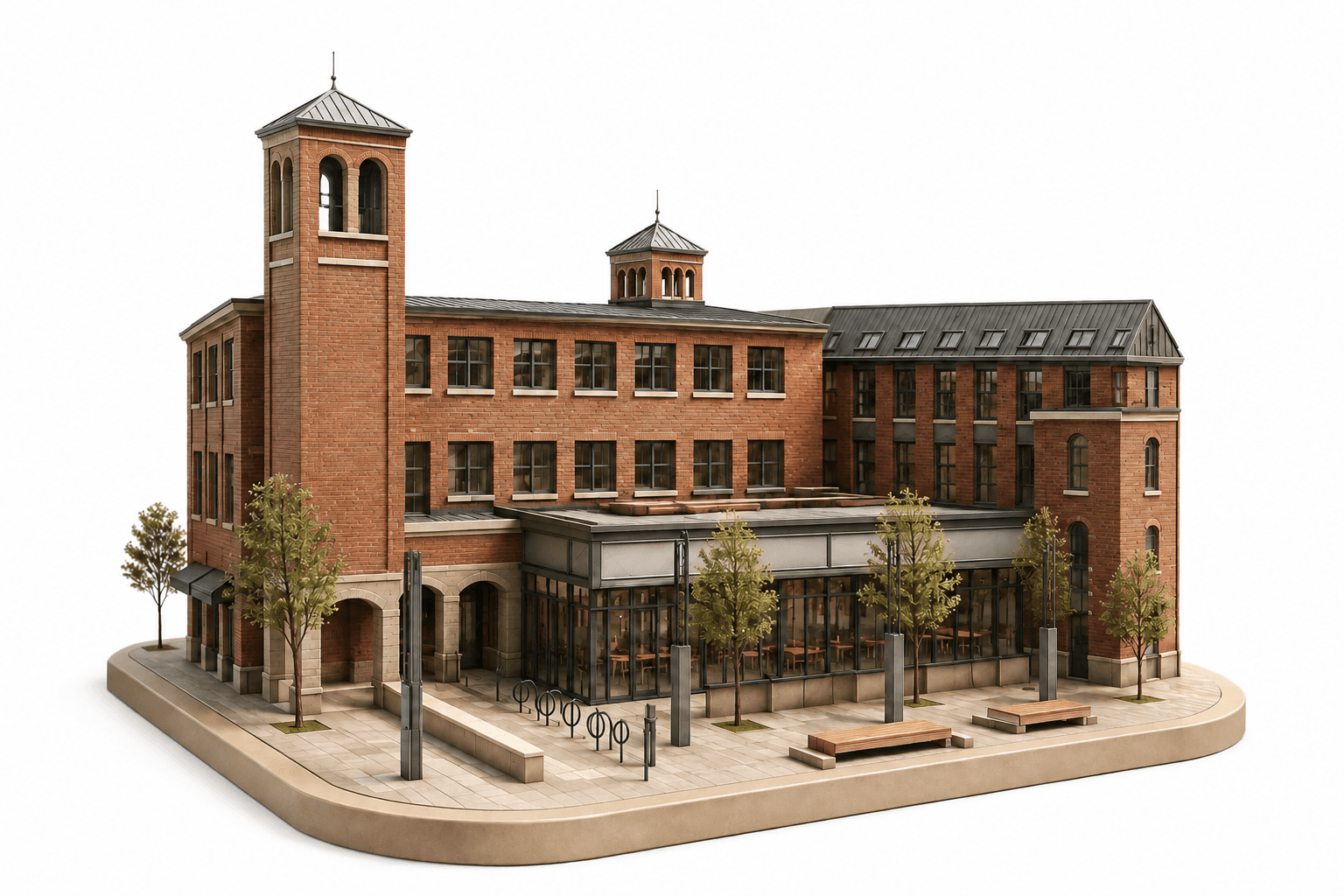 A terracotta miniature of One Kendall Square, with its tall brick tower, glass pavilion, and tree-lined courtyard