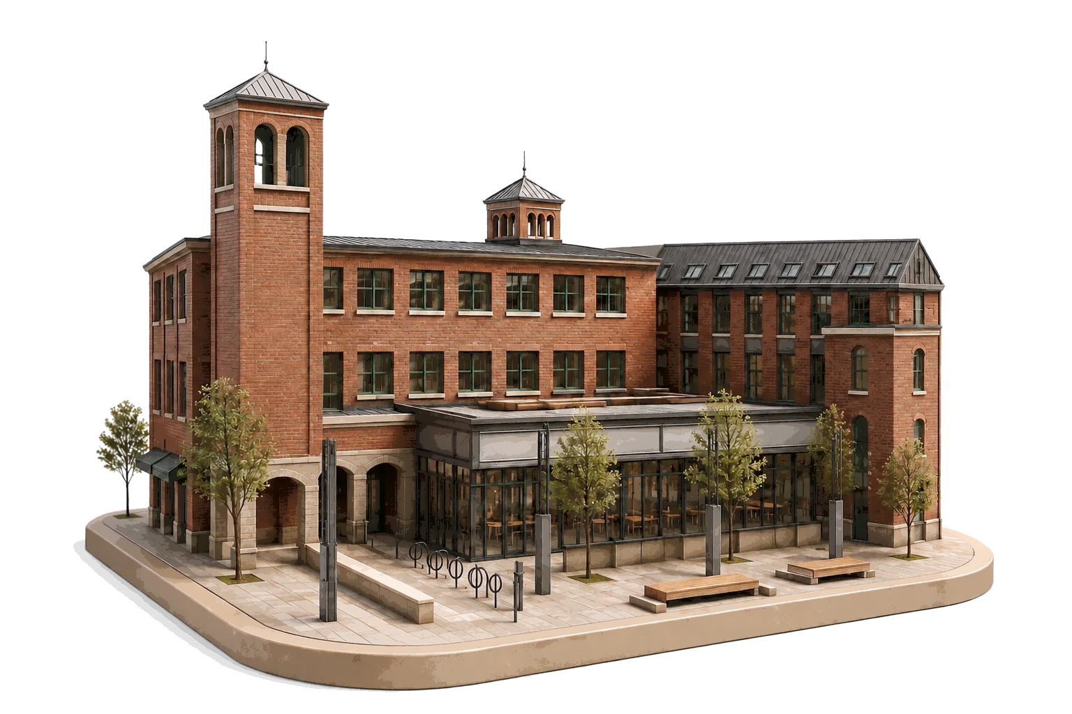 A brick building with a bell tower and a glass-fronted pavilion on a courtyard